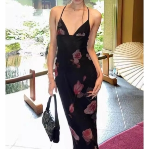 Summer V Neck Backless Personalized Stylish Print Halter Lace Up Dress