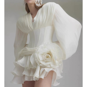Socialite Ruffled Short Dress V neck Puff Sleeve Three Dimensional Floral Dress