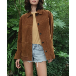 Collared Long Sleeve Suede Texture Varsity Jacket