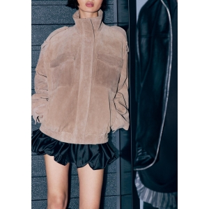 Suede Texture Pocket Decoration Faux Leather Varsity Jacket