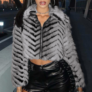 Autumn Winter Striped Collared Zipper Fur Coat Fur Short Coat