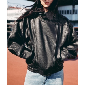 Women Clothing Autumn Retro Kuchao Lychee Pattern Leather Jacket Coat