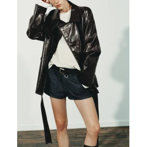 Leather Collared Long Sleeve Short Trench Coat