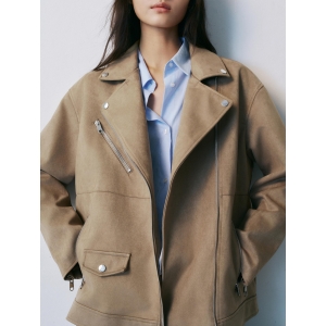Elegant Suede Zipper Collared Motorcycle Jacket