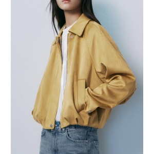 Elegant Suede Solid Color Polo Collar Bomber Jacket Coat
