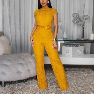 Round Neck Short Sleeve Lace Jumpsuit Wide Leg Pants