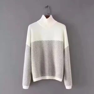 Fall Simple Core Spun Yarn Wave Contrast Color Turtleneck Sweater