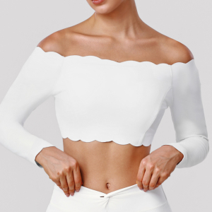 Lace Yoga Jacket Fitness off Shoulder Long Sleeved T shirt Slim Fitting Top with Pad