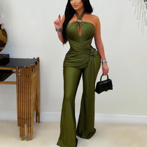 Solid Color Elegant Halter Wide Leg Arm Covering Jumpsuit