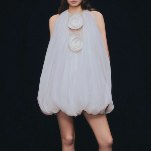 Retro French Socialite Light Luxury Sleeveless Bubble Round Neck Sleeveless Solid Color Dress