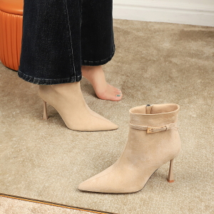 Pointed Toe Suede Stiletto Heel Belt Buckle Side Zipper High Heel Boots