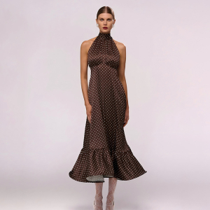 French Halter Polka Dot Satin Elegant Backless Waist Trimming Dress