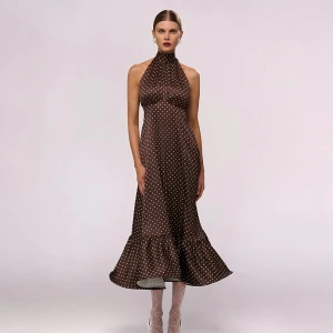 French Halter Polka Dot Satin Elegant Backless Waist Trimming Dress