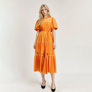 Simple Retro Maxi Dress Crew Neck Hollow Out Cutout Puff Sleeve Lace up Dress