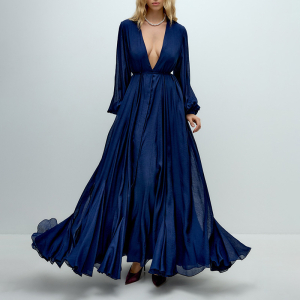 Elegant Deep V Plunge Neck Long Sleeve High Waist Solid Color Simple Dress