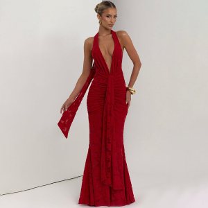 Lace Pleated Deep V Plunge neck Backless Sheath Dress