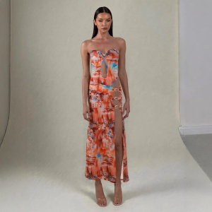 Backless Slim Fit Hollow Out Cutout out Side Slit Printed Tube Top Dress