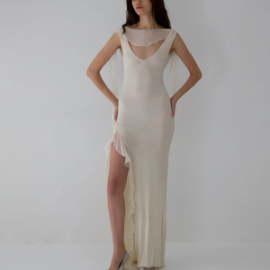 Elegant Ribbon Women Dress Backless High Slit Ruffled Slim Dress