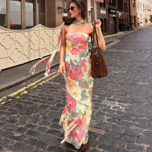 Fall Elegant Slim Fit Scarf Collar Backless Tube Top Printed Dress