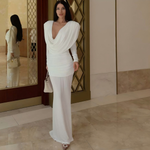 Fall Backless Swing Collar Slim Pleated Solid Color Long Sleeve Dress