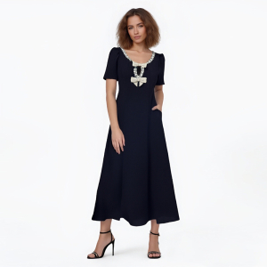 Elegant Retro Diamonds Stitching Bow Decorative Short Sleeved Maxi Dress