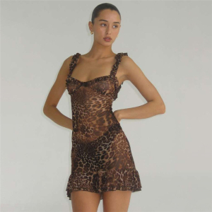 Summer Cool Leopard Print V Neck Backless Mesh Sling Dress