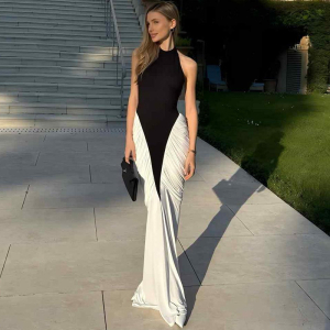 Halter Backless Pleated Contrast Color Slim Fit Sheath Dress