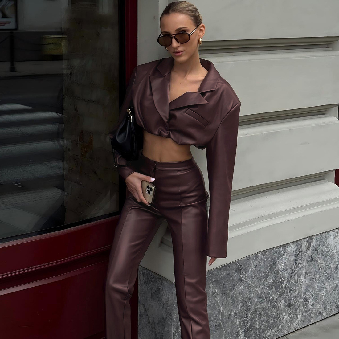 Autumn Winter Collared Crop Top Short Top High Waist Faux Leather Trousers Two Piece Set 2 Autumn Winter Collared Crop Top Short Top High Waist Faux Leather Trousers Two Piece Set - Image 2