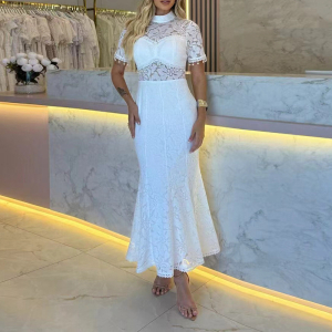 French Light Luxury Stand Collar Short Sleeve Lace Hollow Out Cutout Sheath Dress
