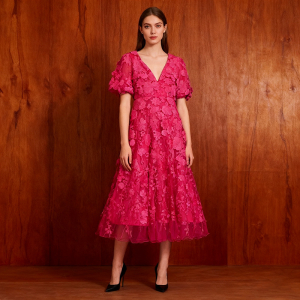 Elegant Simple Bubble Sleeve High Waist V neck Embroidered Patchwork Dress