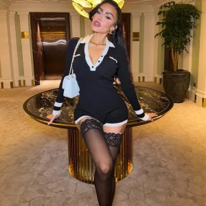 Autumn Cool Contrast Color Collared Button Slim High Waist Long Sleeves Jumpsuit