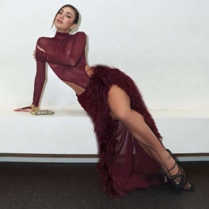 Mesh Slim Fit Turtleneck See through Jumpsuit Split Skirt Set