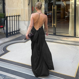 Solid Color Big Backless U Neck Side Slit Pleated Dress