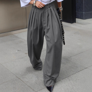 French Office Pleated Gray Work Pant Loose All Matching Wide Leg Trousers