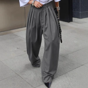 French Office Pleated Gray Work Pant Loose All Matching Wide Leg Trousers