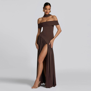 Autumn Backless Slim Fit Solid Color Scarf Collar Split Off Shoulder Dress