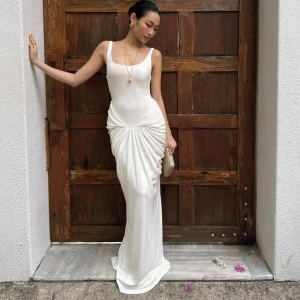Fall Solid Color U Neck Slim Fit Backless Pleated Cami Maxi Dress