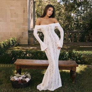 Off Neck Long Sleeve Off Shoulder Lace Hollow Out Cutout Slim Fit Fishtail Dress