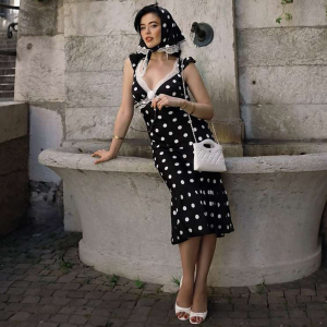 Elegance Retro V Neck Slim Fit Backless Lace Polka Dot Dress