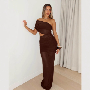 Off Shoulder Gauze Hollow Out Cutout Slim Fit Pleated See through Dress