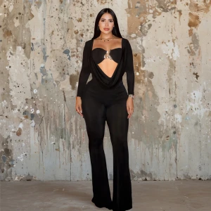 Fall Hollow Out Cutout Pile Collar Slim High Waist Long Sleeves Jumpsuit