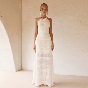 French Simplicity Beach Knit Breathable Maxi Dress Autumn Halter Backless Solid Color Dress