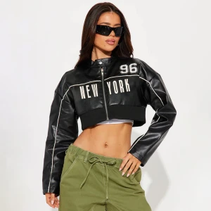 Locomotive Contrast Color Bud Stripe Numbers Short Faux Leather Jacket