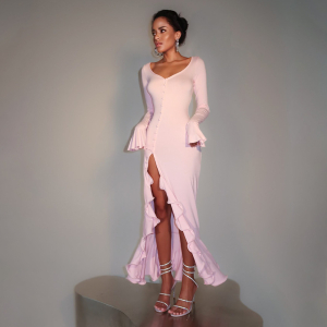 Solid Color Waist Tight Bell Sleeve Single Breasted Side Slit Dress