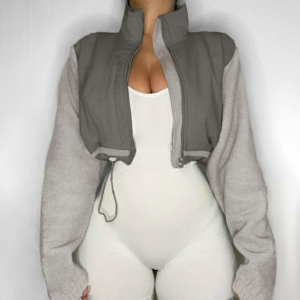 Stand Collar Drawstring Zipper Short Long Sleeve Cardigan Polar Fleece Jacket