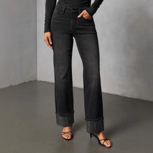 Casual Washed Out Rhinestone Straight Jeans