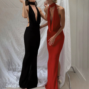 Autumn Winter Elegant Halter V Neck Backless Side Slit Dress