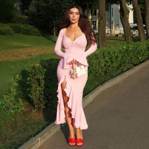 Summer Slim Solid Color Long Sleeve V Neck Flounce Split Dress