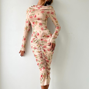 Slim Fit Oblique Shoulder Pleated Print Long Sleeve Midi Dress