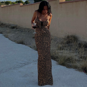 Autumn Winter Strap Off Neck Tie Backless Leopard Print Dress